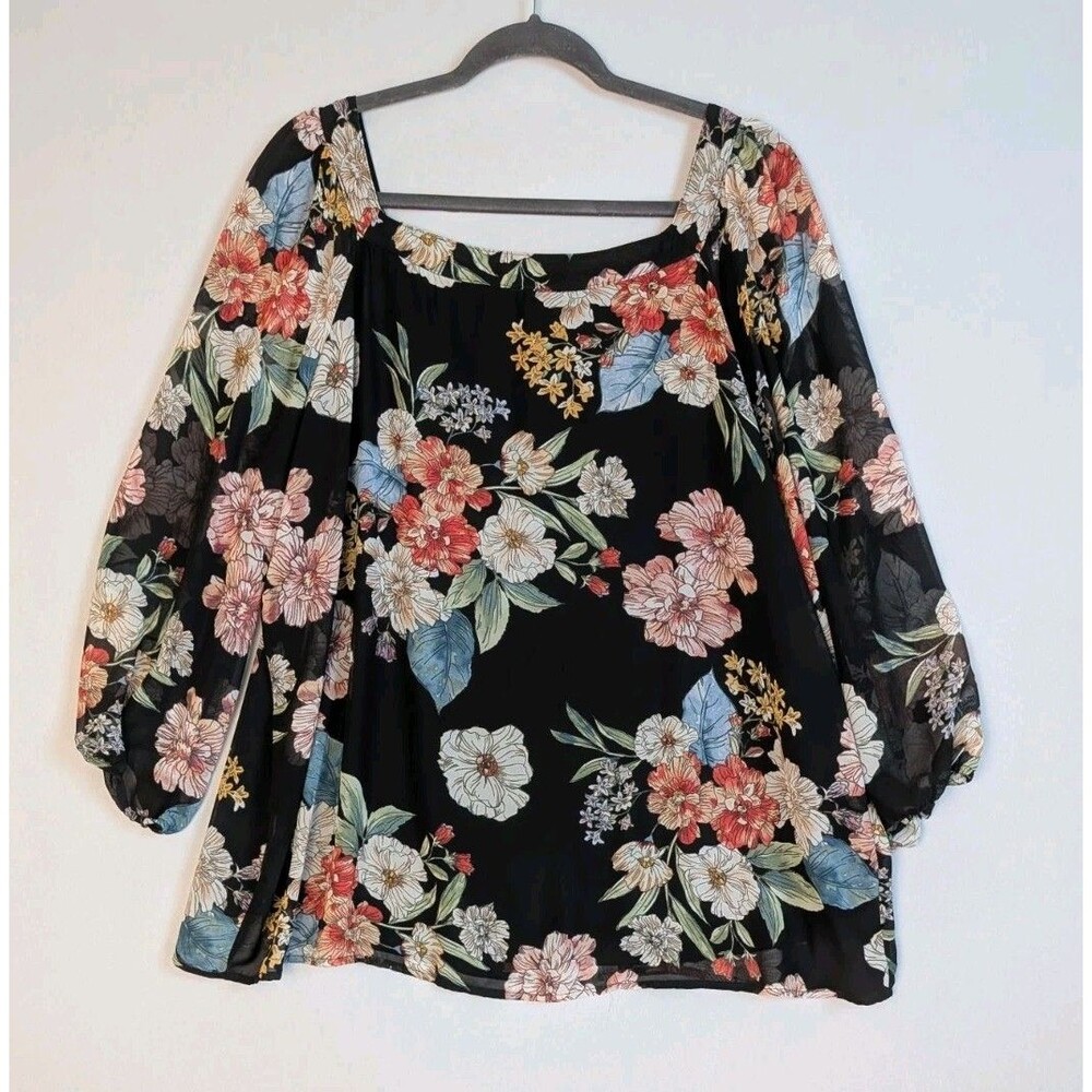 Papermoon Women's 1x Blouse Long Puff Elastic Sleeve Larie Black Floral Fix